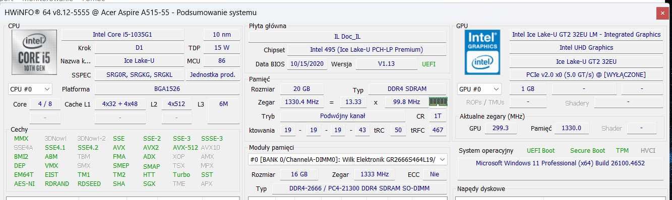 Laptop Acer A515-55G- 15,6 " Intel Core i5 10th