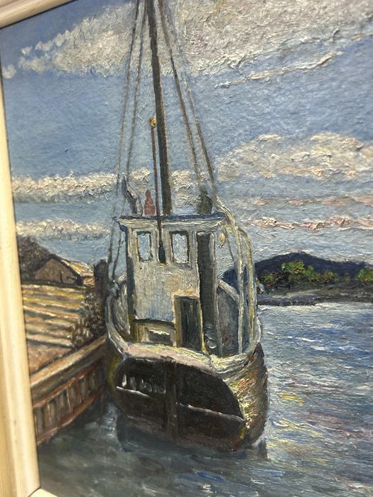 Obraz – Łódź w porcie – olej na desce