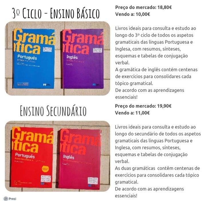 Livros de exames, cadernos de atividades, gramáticas, livro "Os Maias"