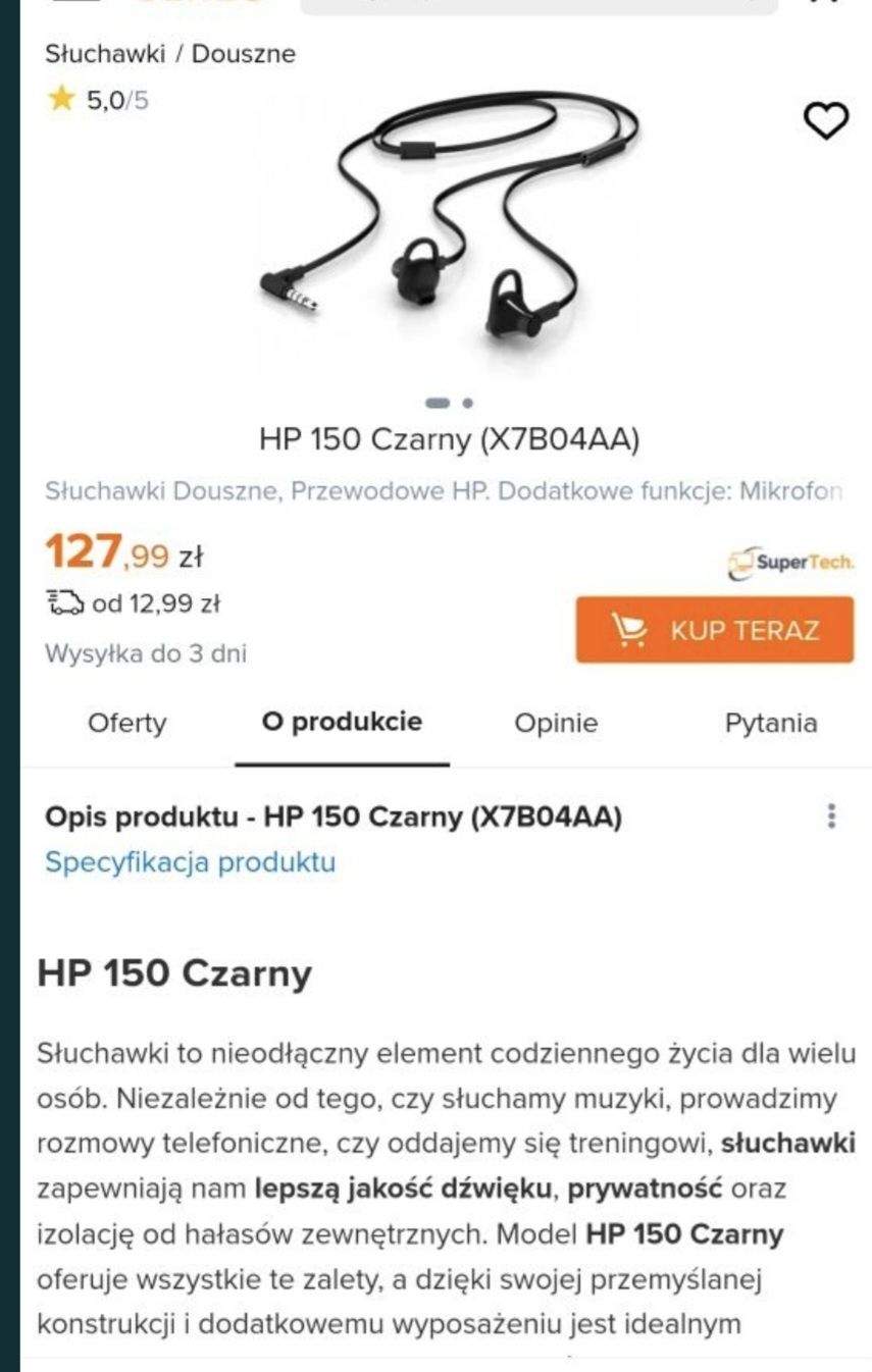 Słuchawki douszne HP headset 150 z mikrofonem do biegania