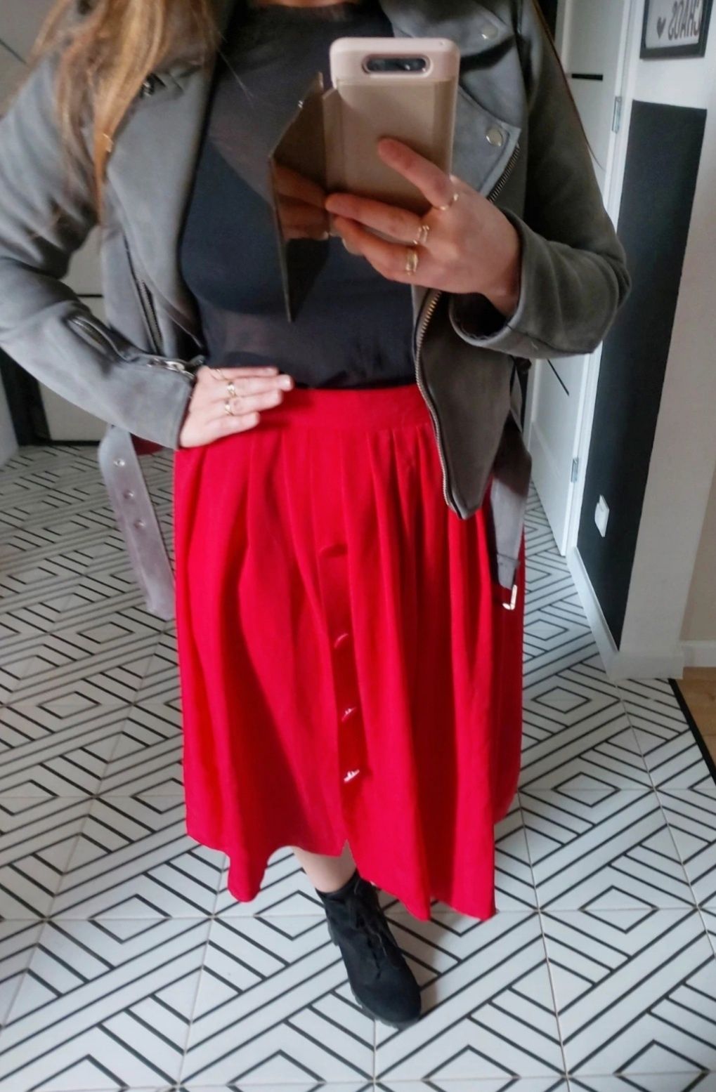 Czerwona Spódnica  damska plisowana guziki Vintage M na gumce Midi  wl