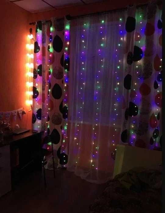 Гирлянда штора на проволоке "Капля росы" 3х2 Разноцветная, RGB 200LED