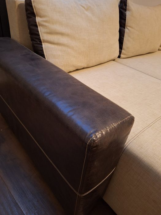 Narożnik rogówka kremowy len ekoskóra boczki 240x140