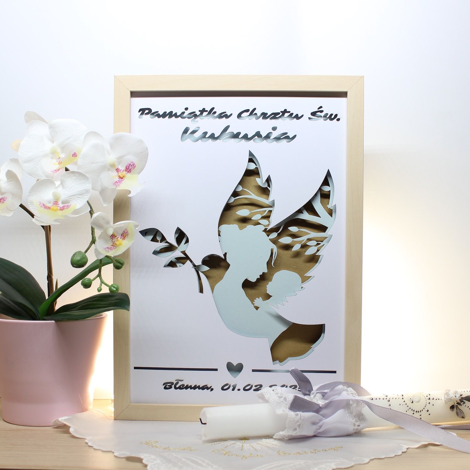Personalizowana Ramka 3D Shadow Box Pamiątka Chrztu Gołębica