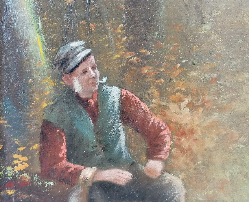 Odpoczynek w lesie, stary pejzaż olejny na płótnie