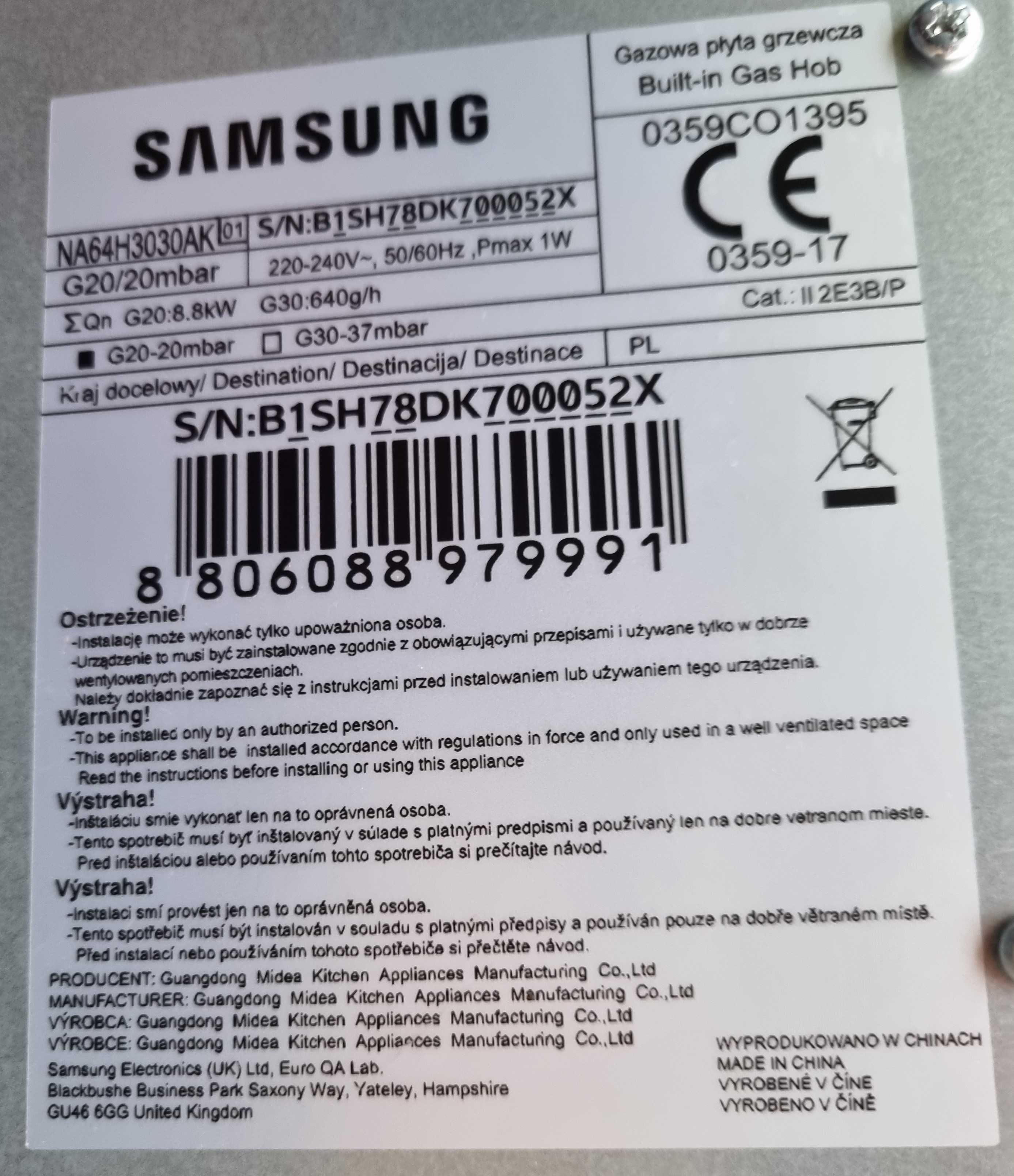 Płyta gazowa Samsung na szkle + butla