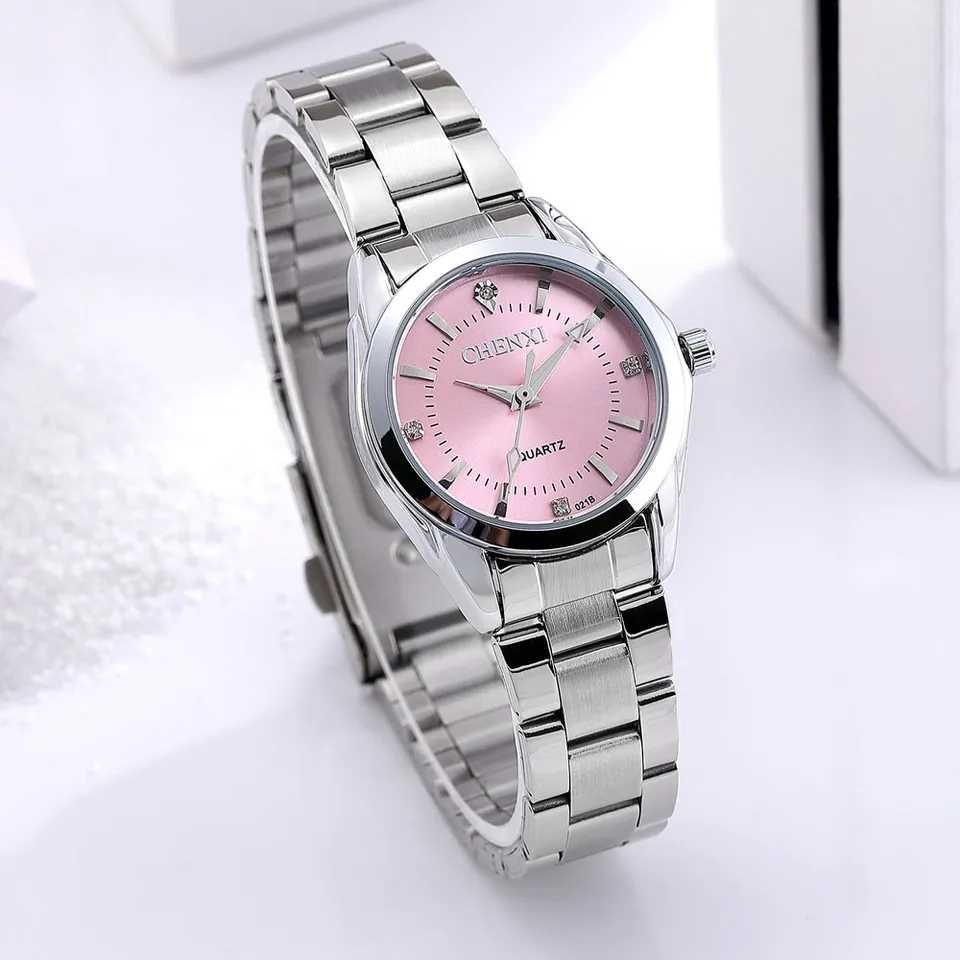Damski zegarek różowy pink kwarcowy solidna bransoleta ze stali nowy
