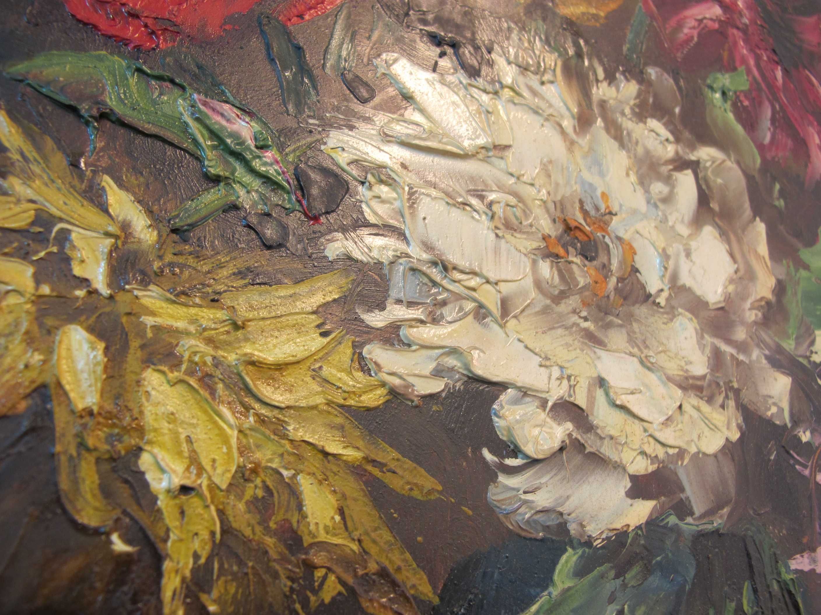 Obraz olejny na płycie kwiaty w wazonie rama brązowa politura