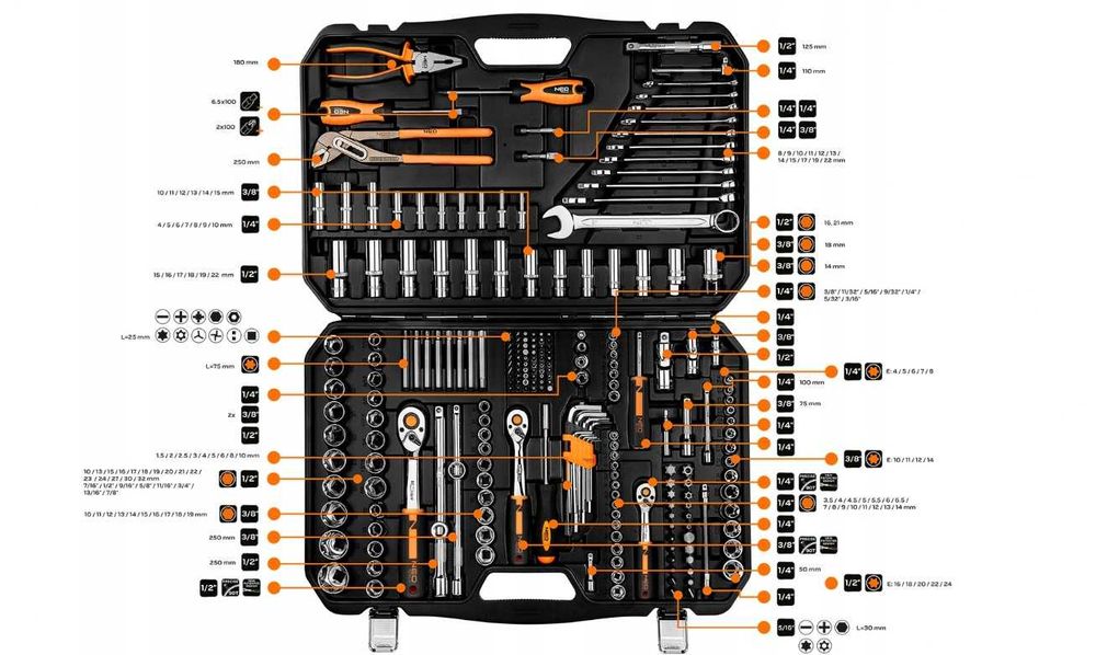 Zestaw XXL NEO Tools 233 sztuk Kluczy Nasadowych Płaskich Walizka