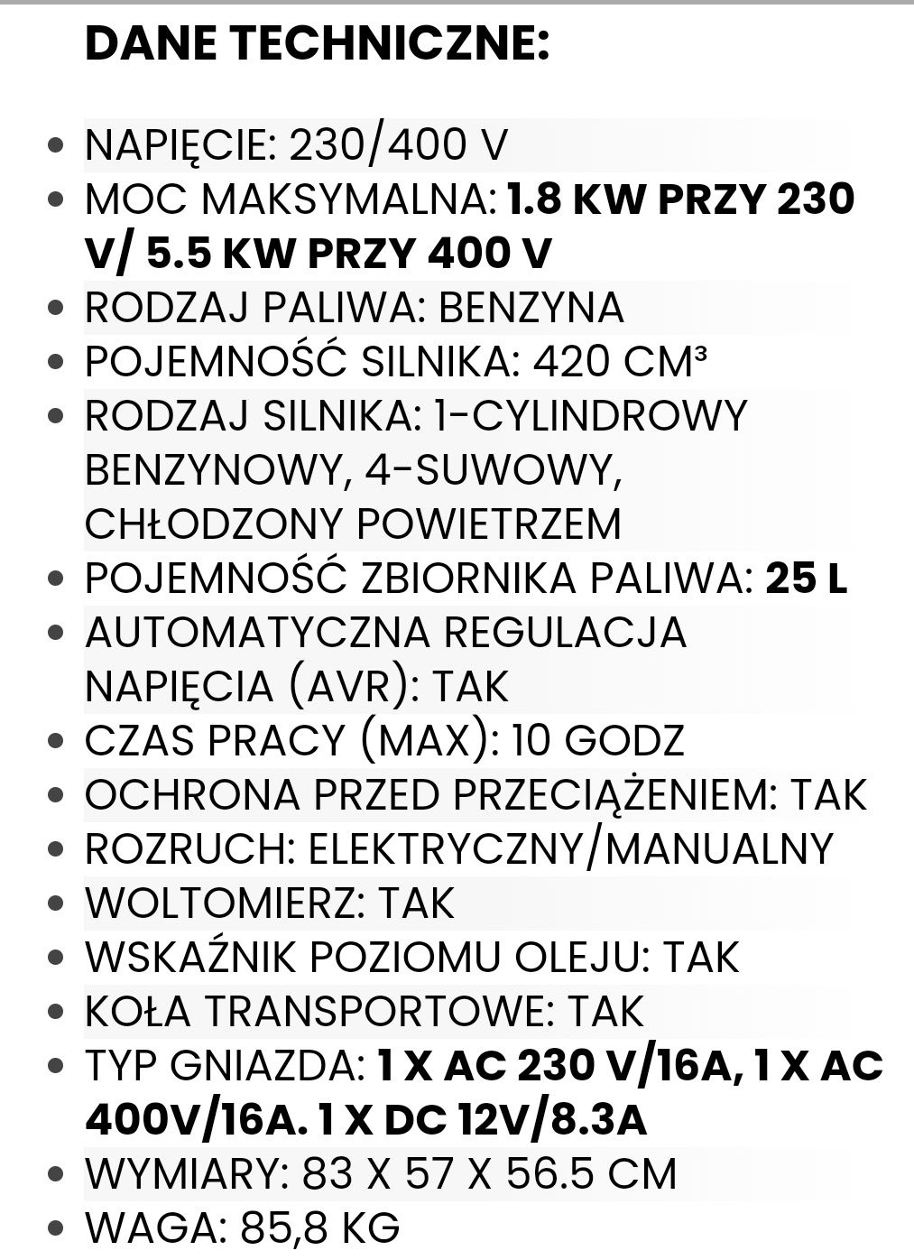 Agregat prądotwórczy 5,5 kW, autostart, 400V, generator, siła