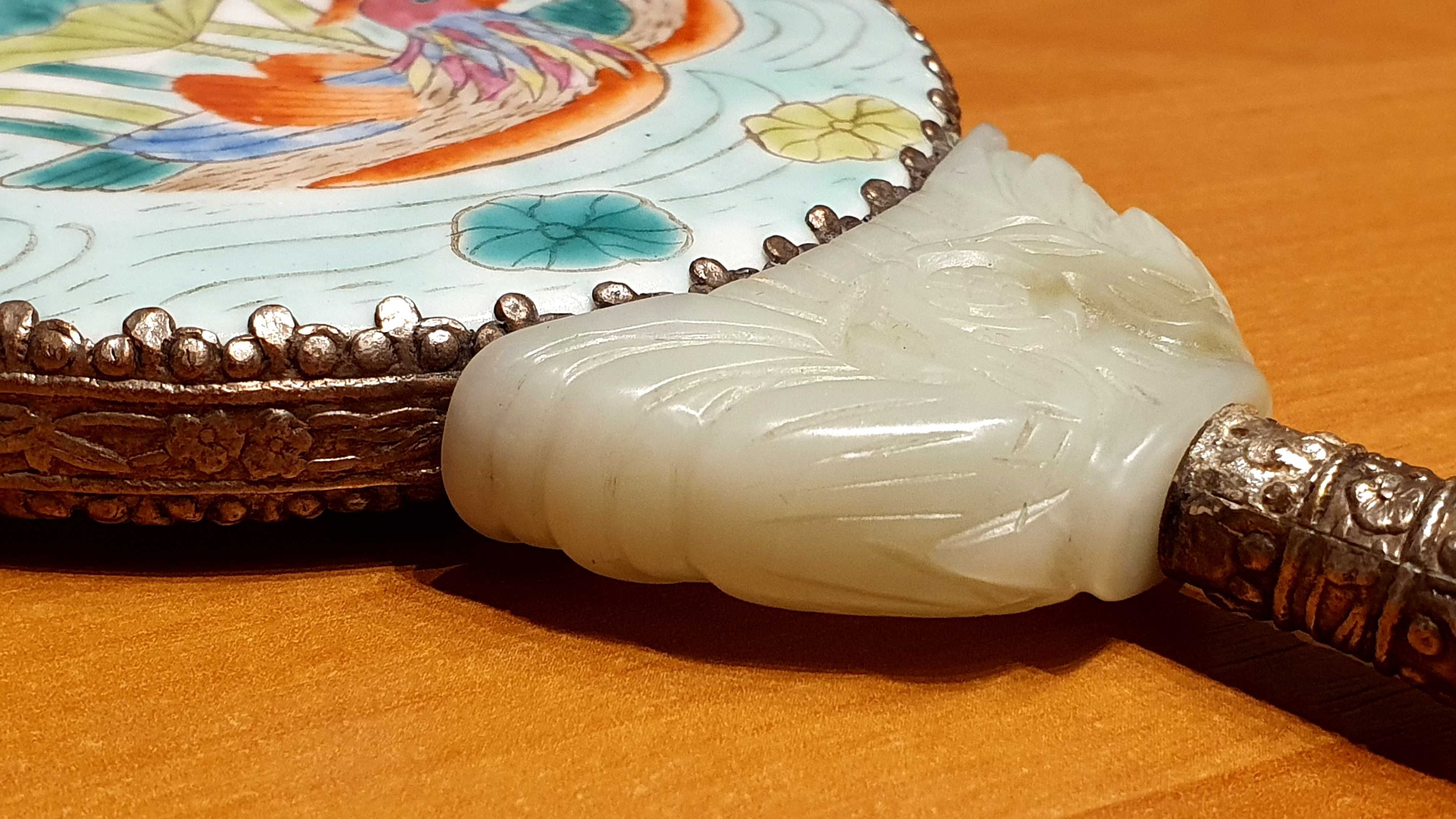 Oryginalne, stare chińskie lustro. Jadeit i porcelana. Hand made.