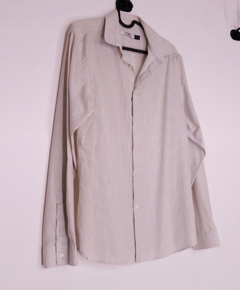 Elegancka Koszula męska na święta biała w brązowe paski M Topman długi
