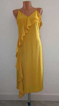 Żółta sukienka na ramiączka MIDI, rozmiar S, z falbanką i wiązaniem