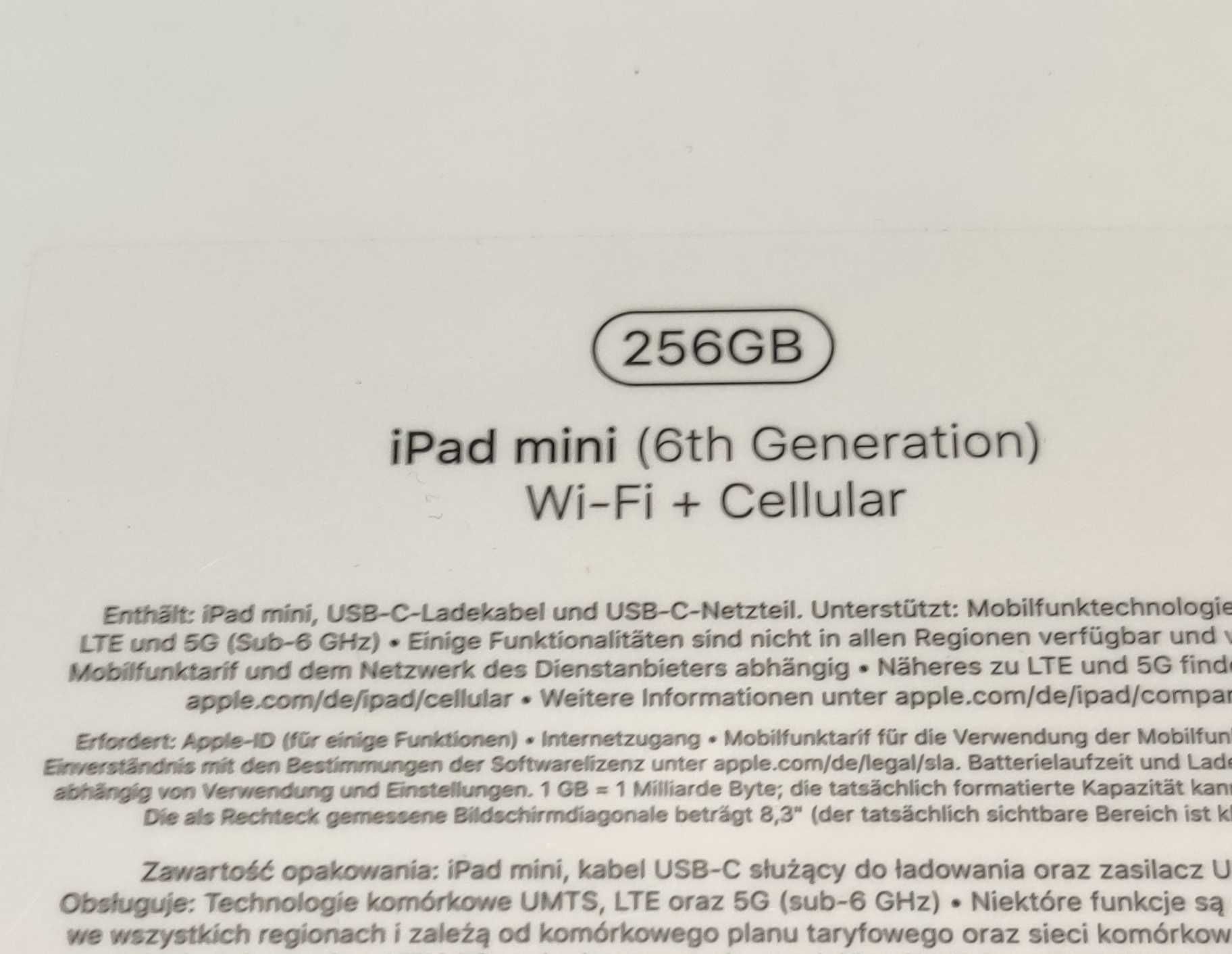 NOWY iPad Mini 6gen 256GB 5G,Idealny na Komunię,WI-FI + LTE 5G,USB-C