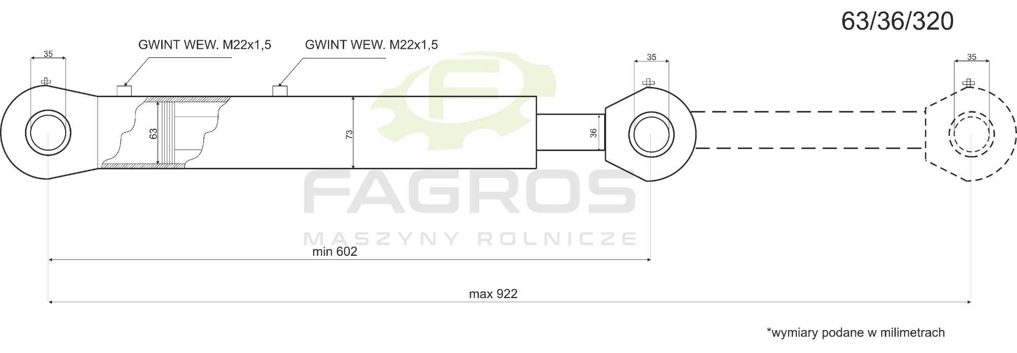 SIŁOWNIK HYDRAULICZNY tłok cylinder krokodyl tur ładowacz 63/36/320