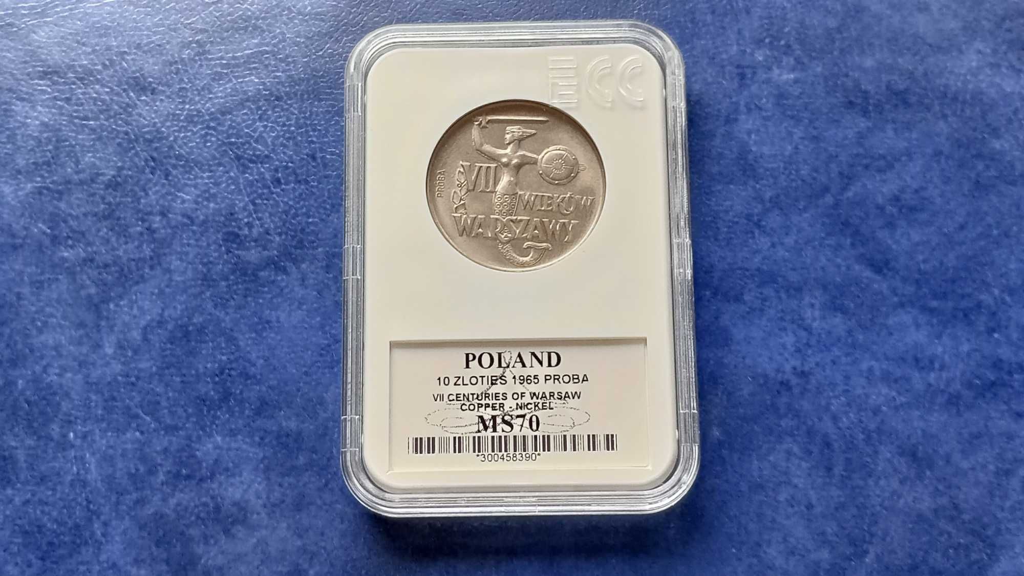 Stare monety 10 złotych 1965 VII wieków MS70 próba Ideał PRL