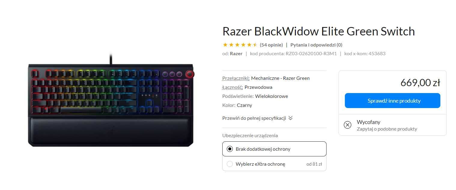 Klawiatura Razer BLACKWIDOW ELITE Green Switch