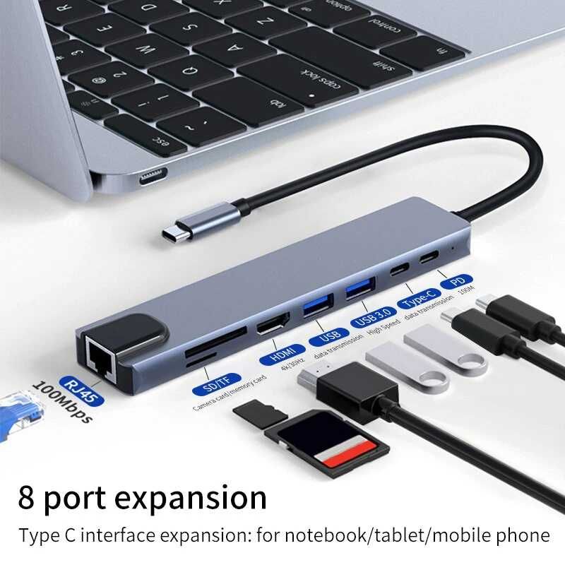 Докстанция  8 в 1  Type C  ••    хаб на 2 порта USB + HDMI  + USB C +