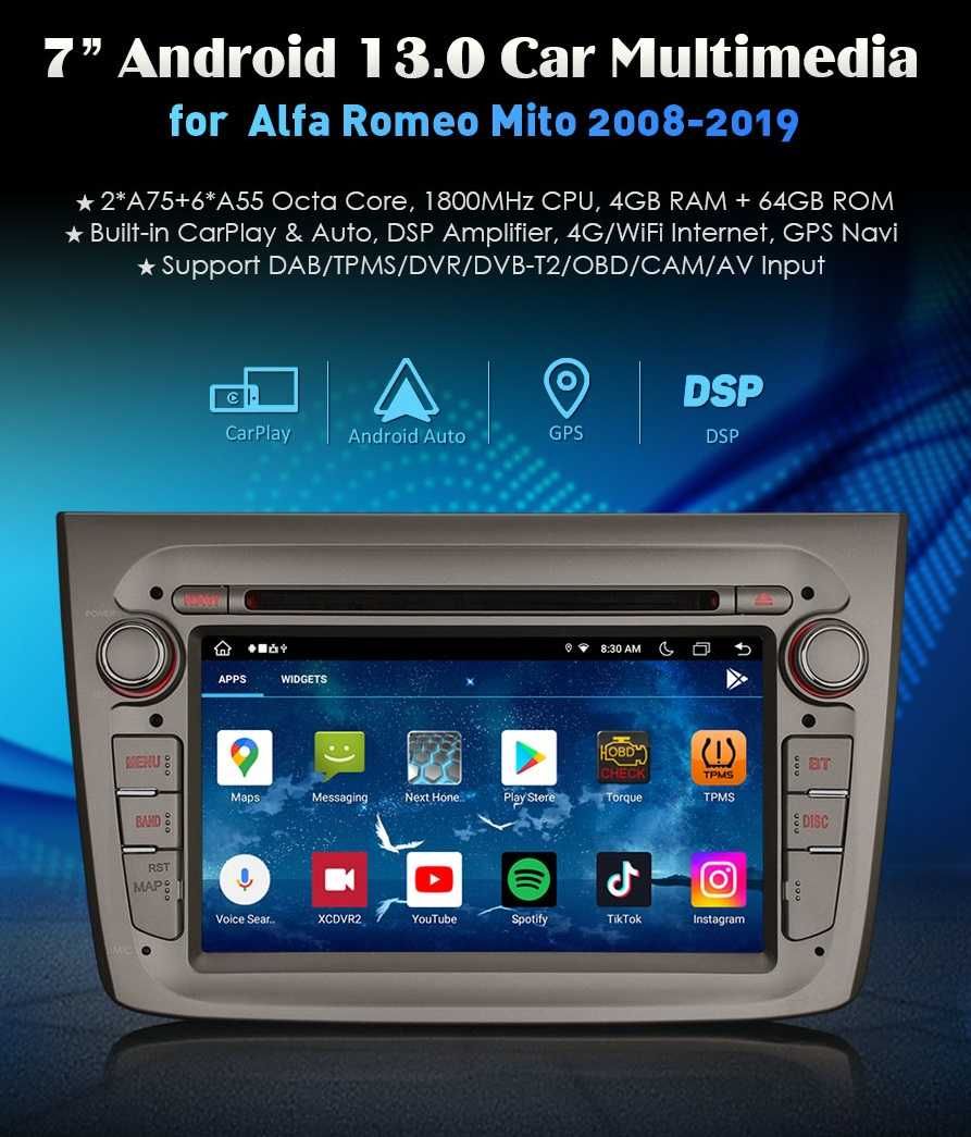 Auto-rádio 2 din Android 14 Alfa Romeo/Toyota/Skoda/Passat