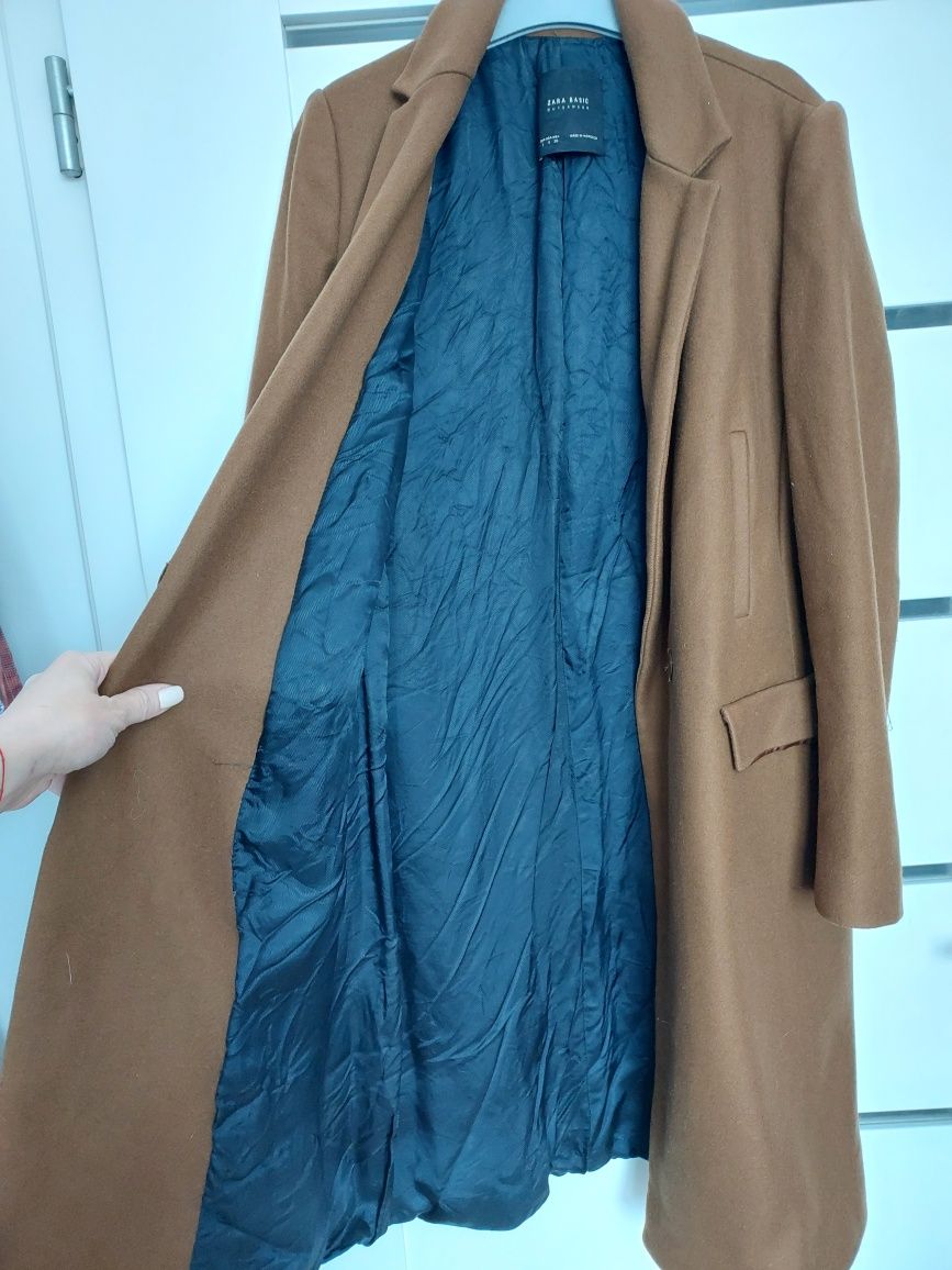 Elegancki klasyczny długi płaszcz Zara karmelowy brązowy s m wełna
