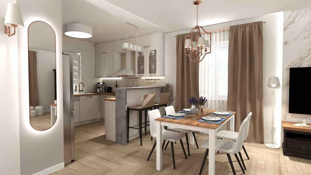 Projekt 3D kuchni z jadalnią
