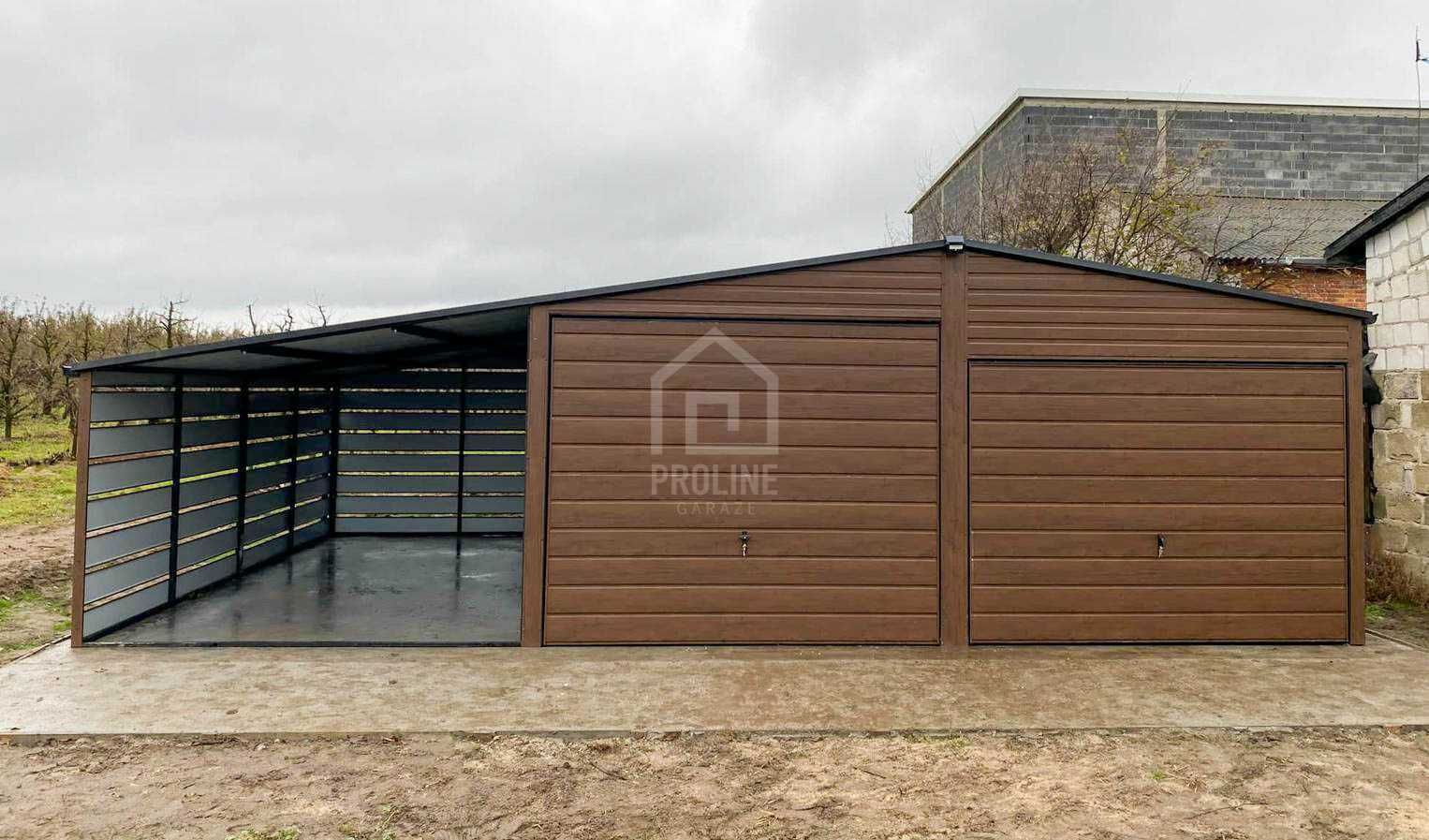Garaż blaszany 6x6 + wiata 3x6 2x Brama rynny Dach dwuspadowy PLG111