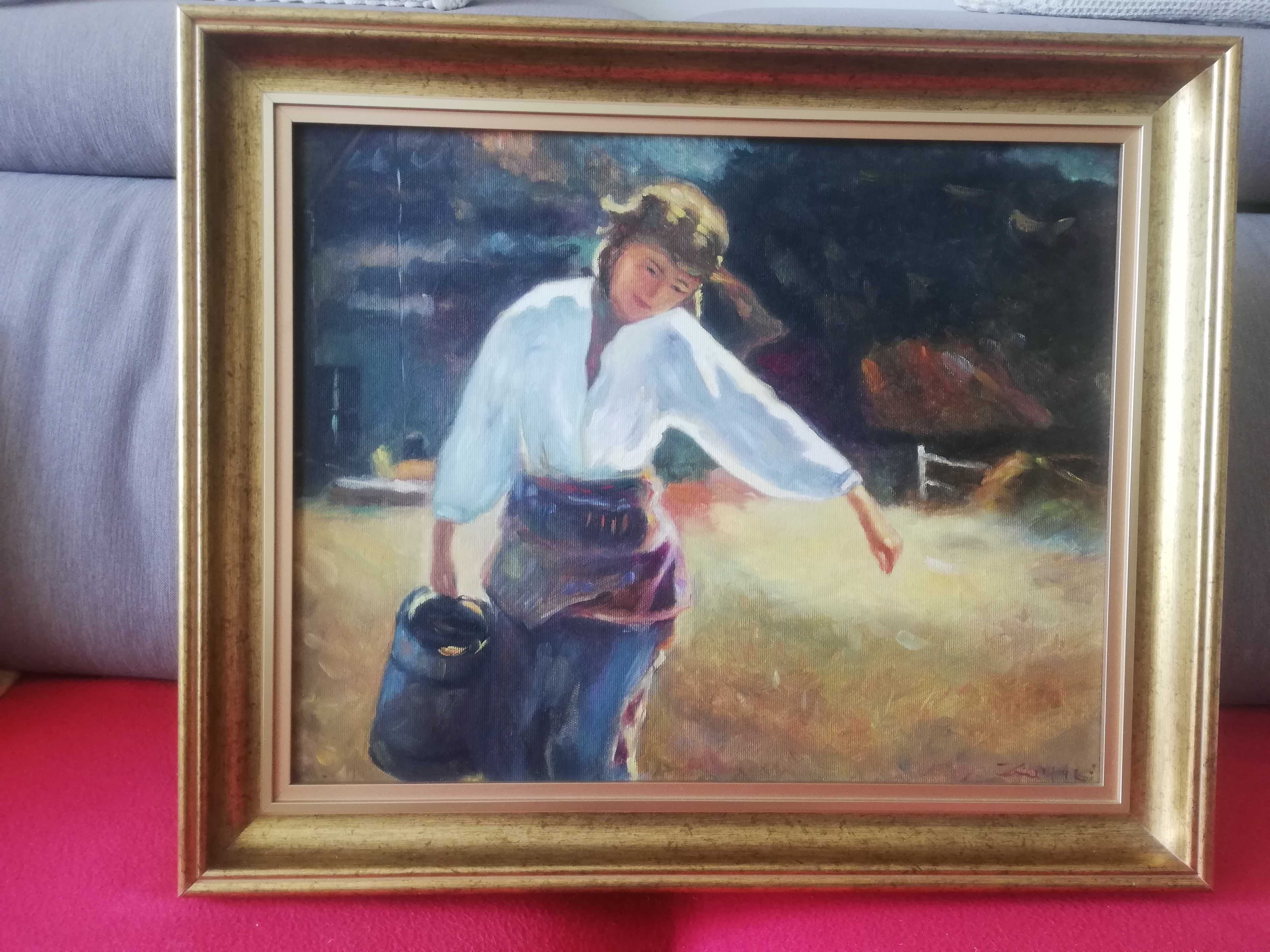 Scena rodzajowa 60x50 obraz olejny w złotej ramie Dziewczyna z dzbanem