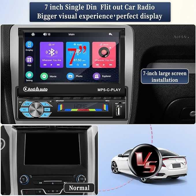 Radio samochodowe 1 DIN wysuwane  Carplay Android, ekran 7 cali