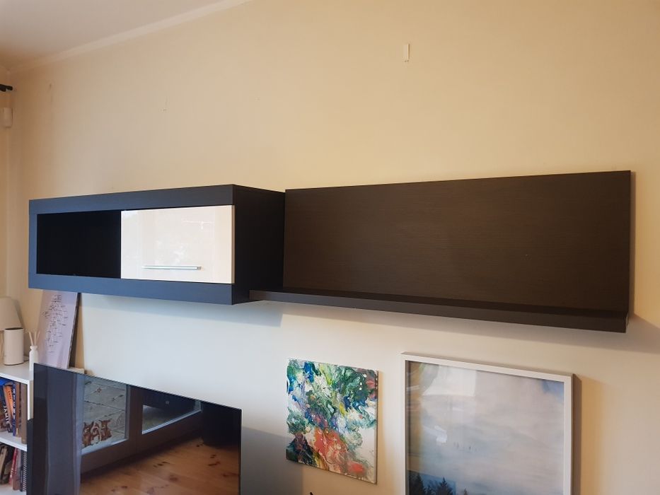 Szafka rtv, stojąca i wisząca. Ciemny brąz i biały lakier. Meble rtv