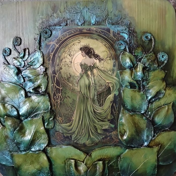 Piękny obraz na desce z ceramicznymi liśćmi, panel ozdobny