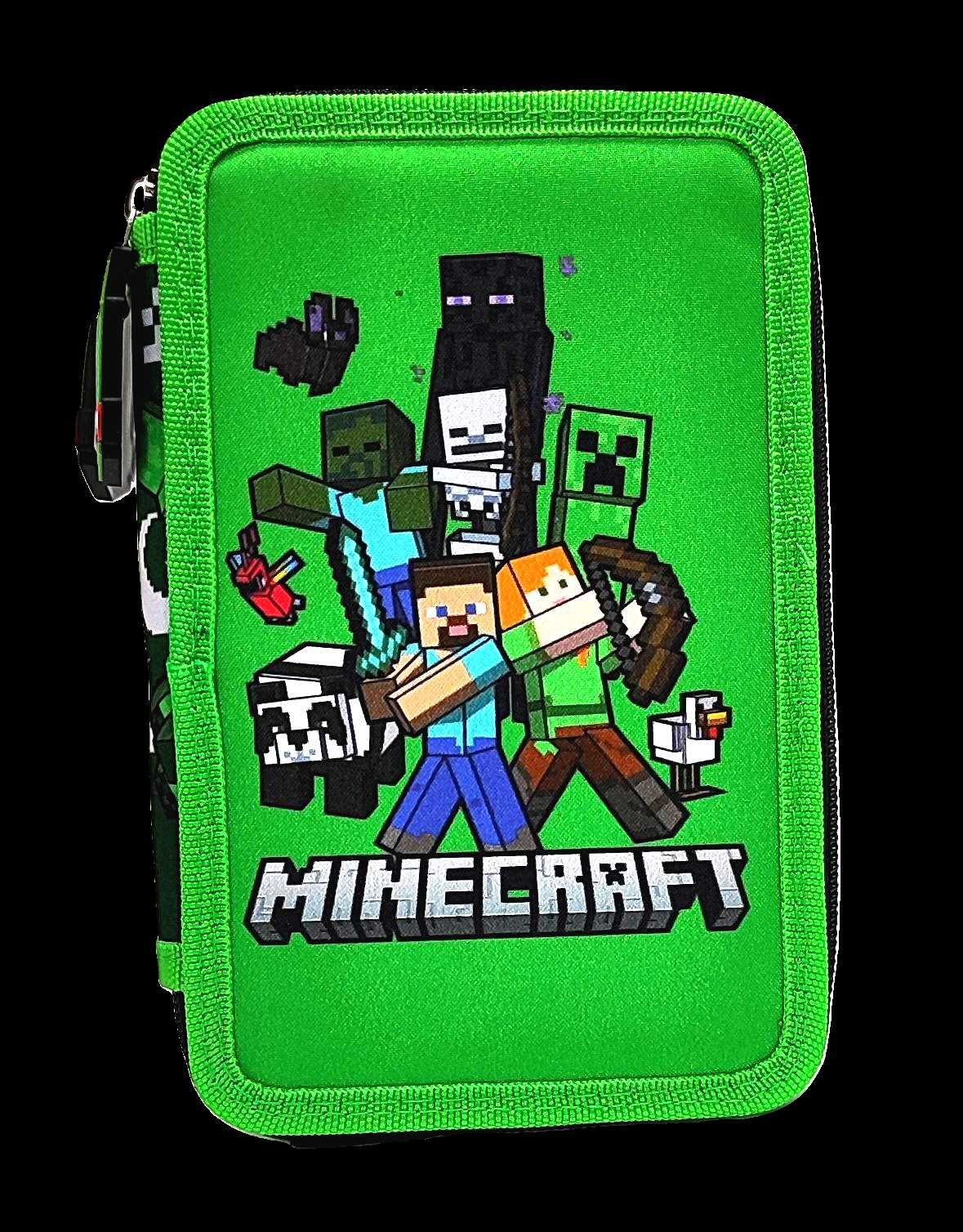 Zielony piórnik 3-komorowy z wyposażeniem - Minecraft 20 x 13 x 6.5 cm