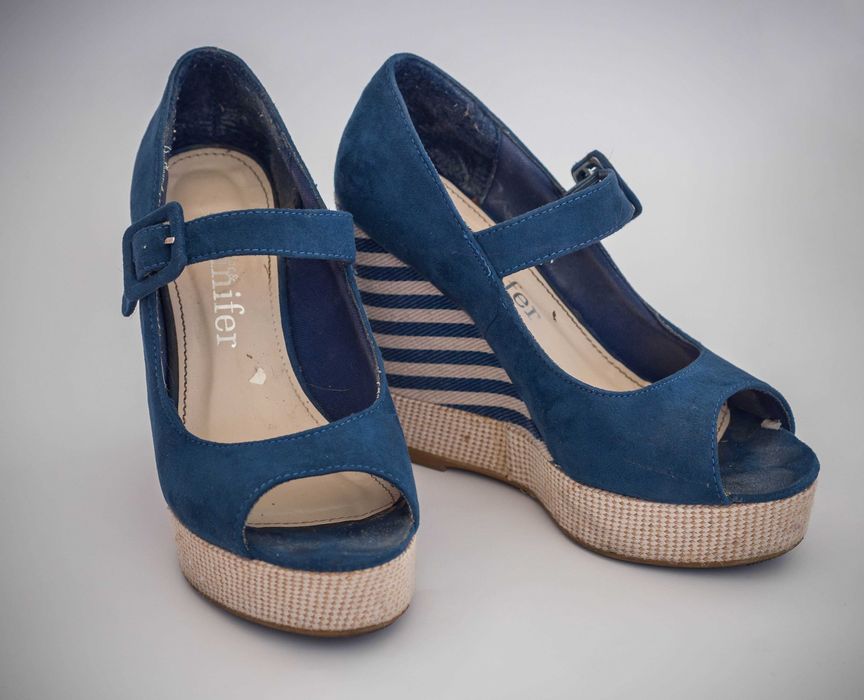 sandały sandałki niebieskie marynarskie na koturnie Jennifer rozm. 35