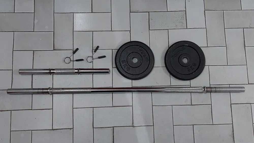 Barra 120cm 30mm 2 discos 5kg e barra harter 45cm 30mm