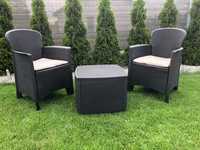 Zestaw mebli ogrodowych 2+1 fotele z poduszkami+ ława technoratan