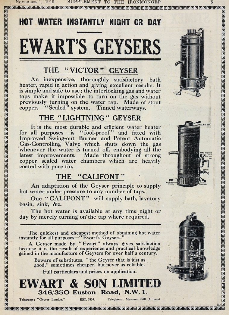 Antiga Caldeira "Geyser" de 1910 Ewart & Son com 65 cm de altura e 26