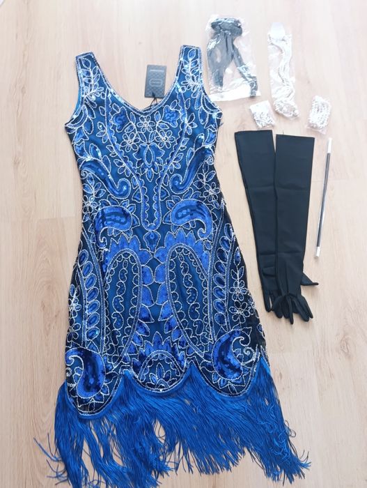 Sukienka cekinowa lata 20-30 z dodatkami rozmiar M