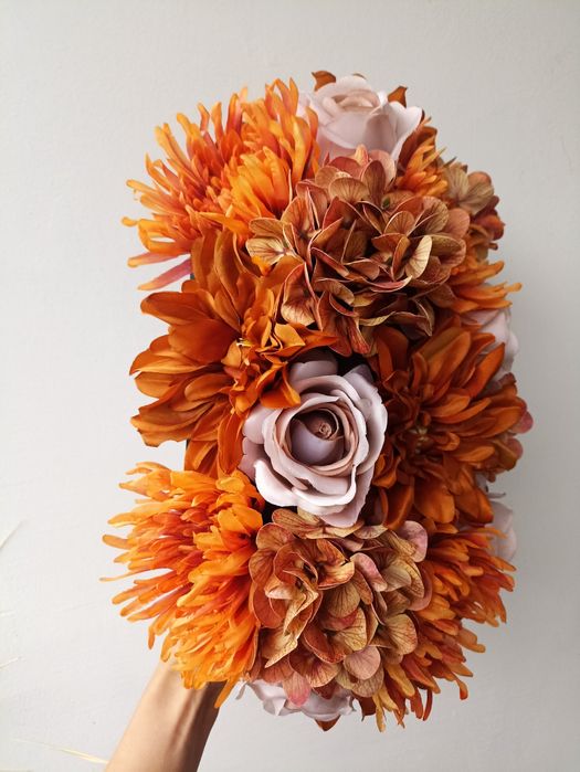 Stroik Na Grób Podłużny Jesienny – Chryzantemy I Róże, Sztuczne Kwiaty