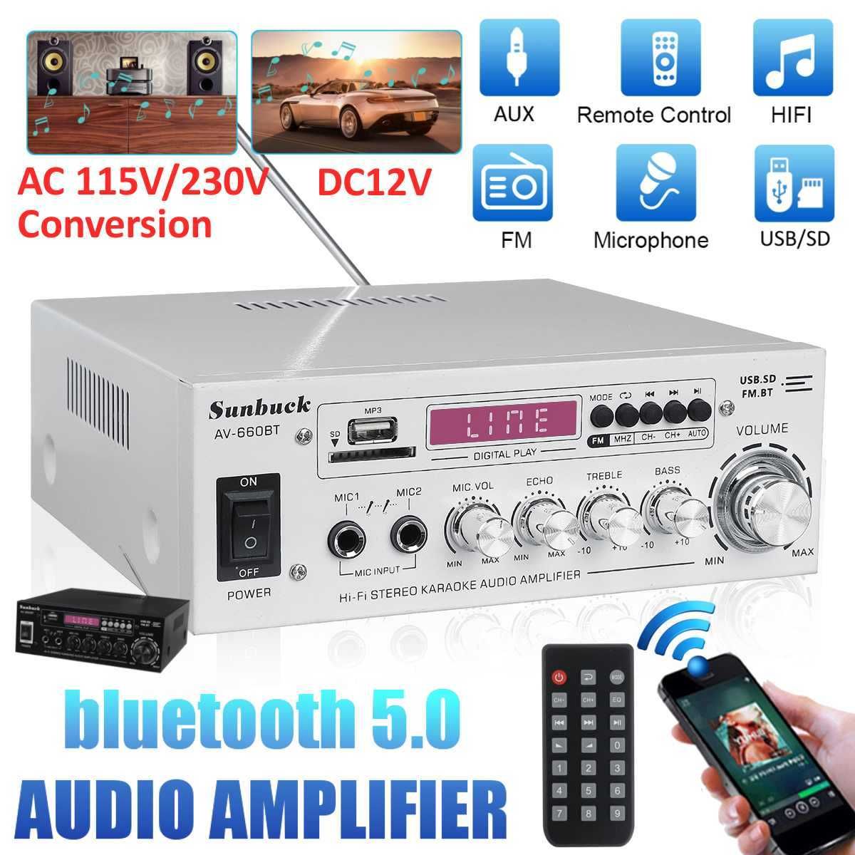 Amplificador  2.0 canais 12v 220v  eq sd usb 2 mic 5.0 bluetooth 800w