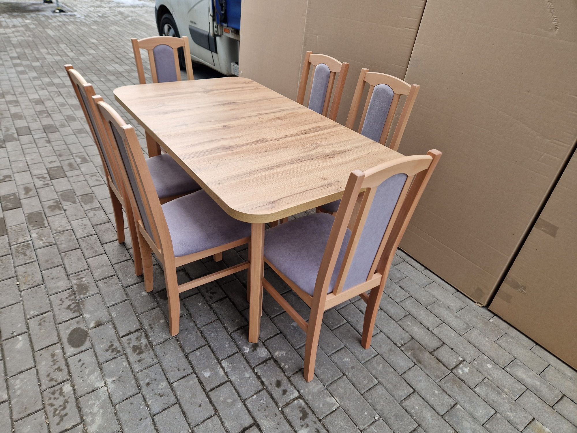 Stół rozkładany + 6 krzeseł, nowe , buk/wotan + szary, dostawa PL