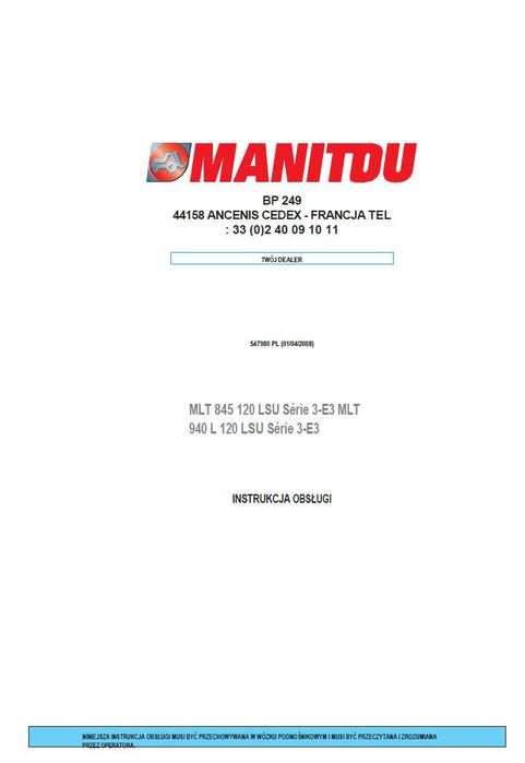 Manitou MLT 845 120 LSU SERIA 3E3, 940L 120 LSU instrukcja obsługi PL