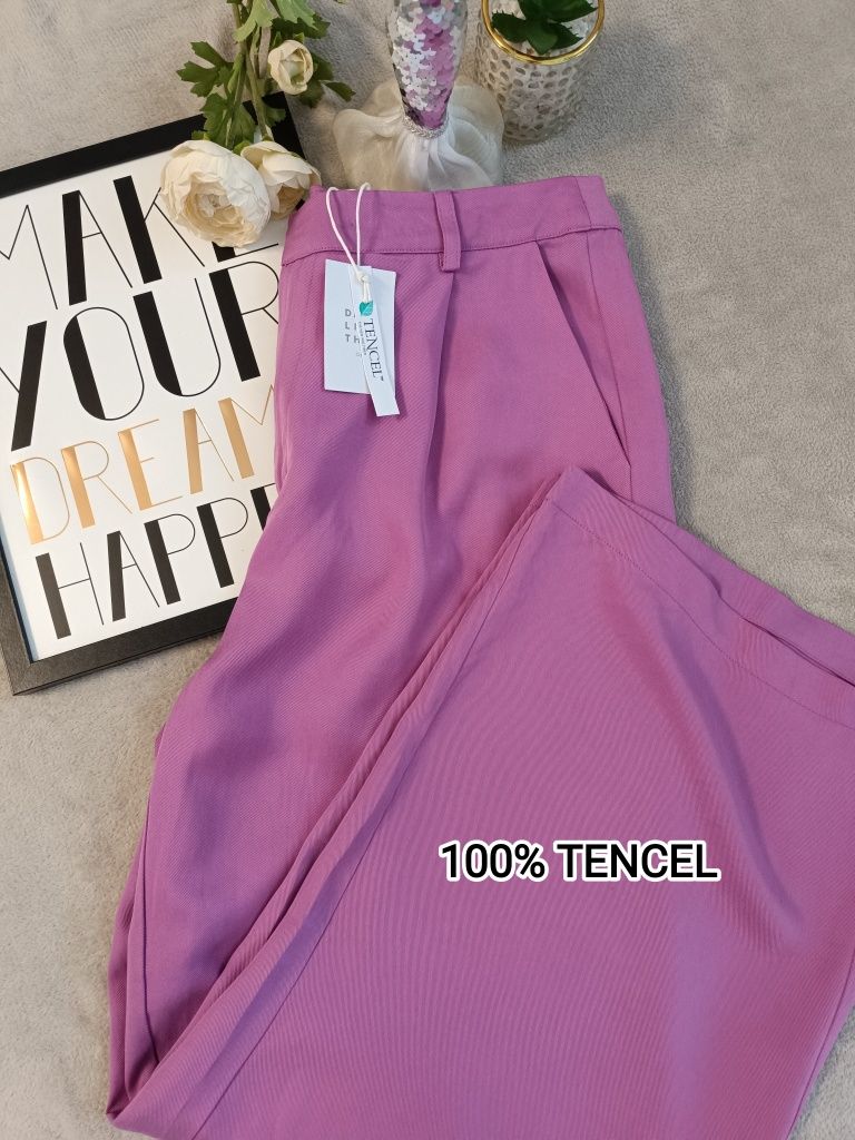 Liliowe szerokie spodnie, 100% TENCEL, rozmiar M
