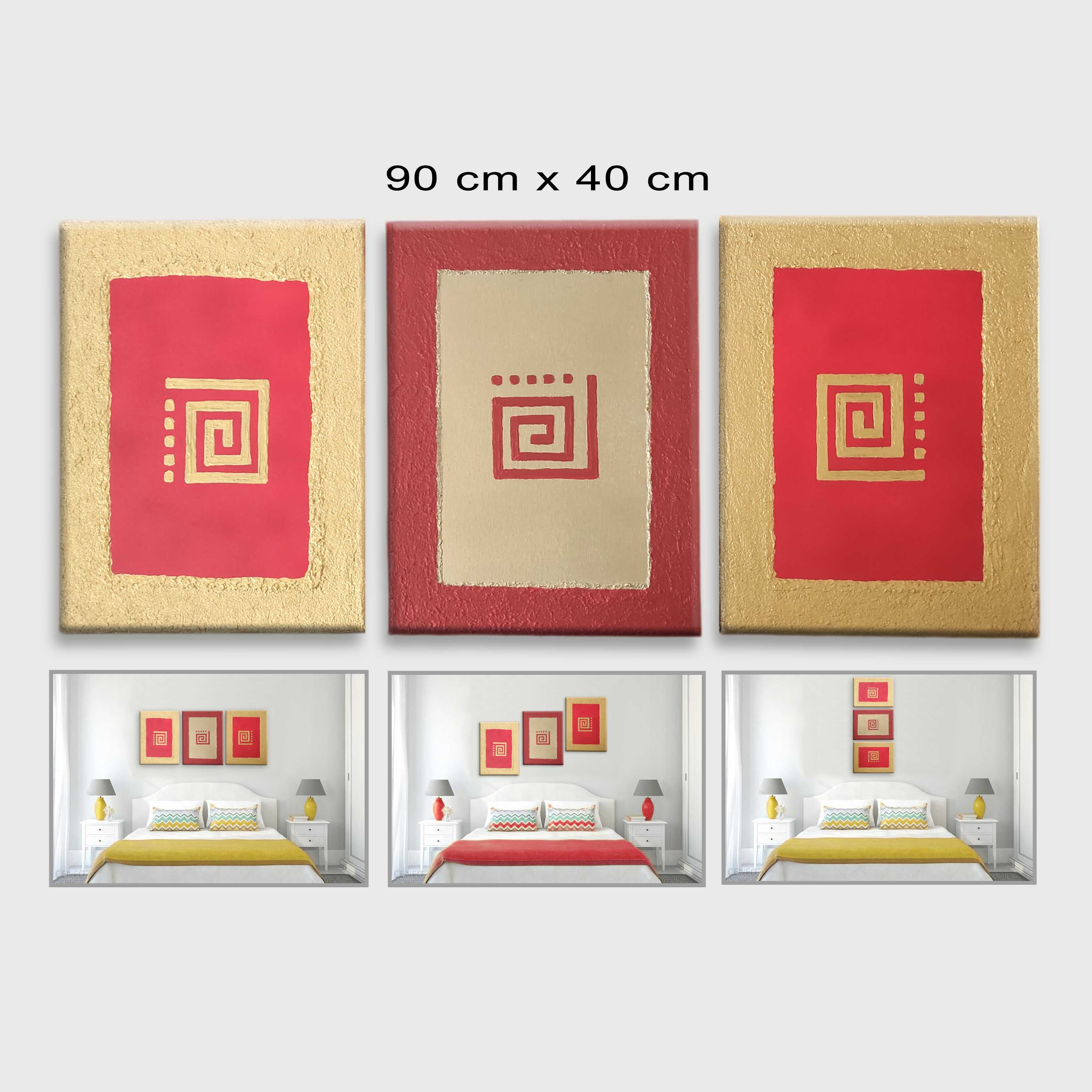 Obraz malowany ręcznie – ABSTRAKCJA czerwono-złoty_struktura 90x40 cm