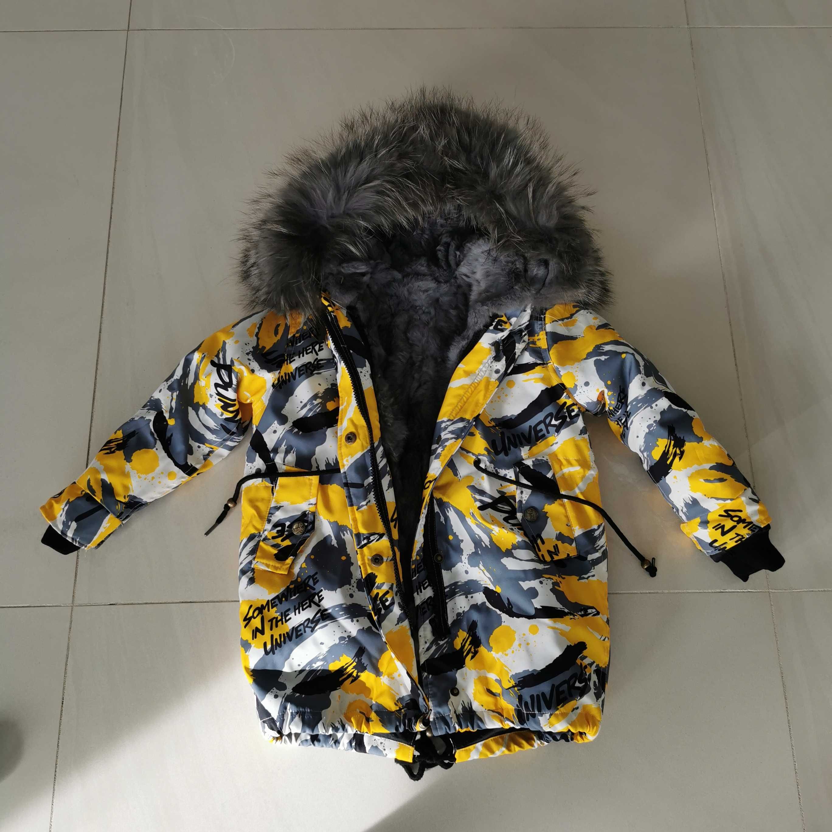 Kurtka zimowa płaszcz futro naturalne lis jenot 128 dla chłopca parka