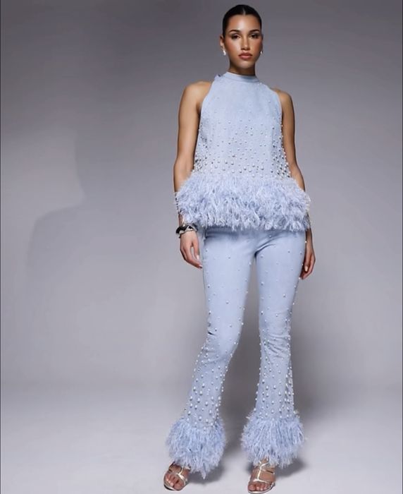 Джинси Asos з перлинами та пірʼям, висока посадка