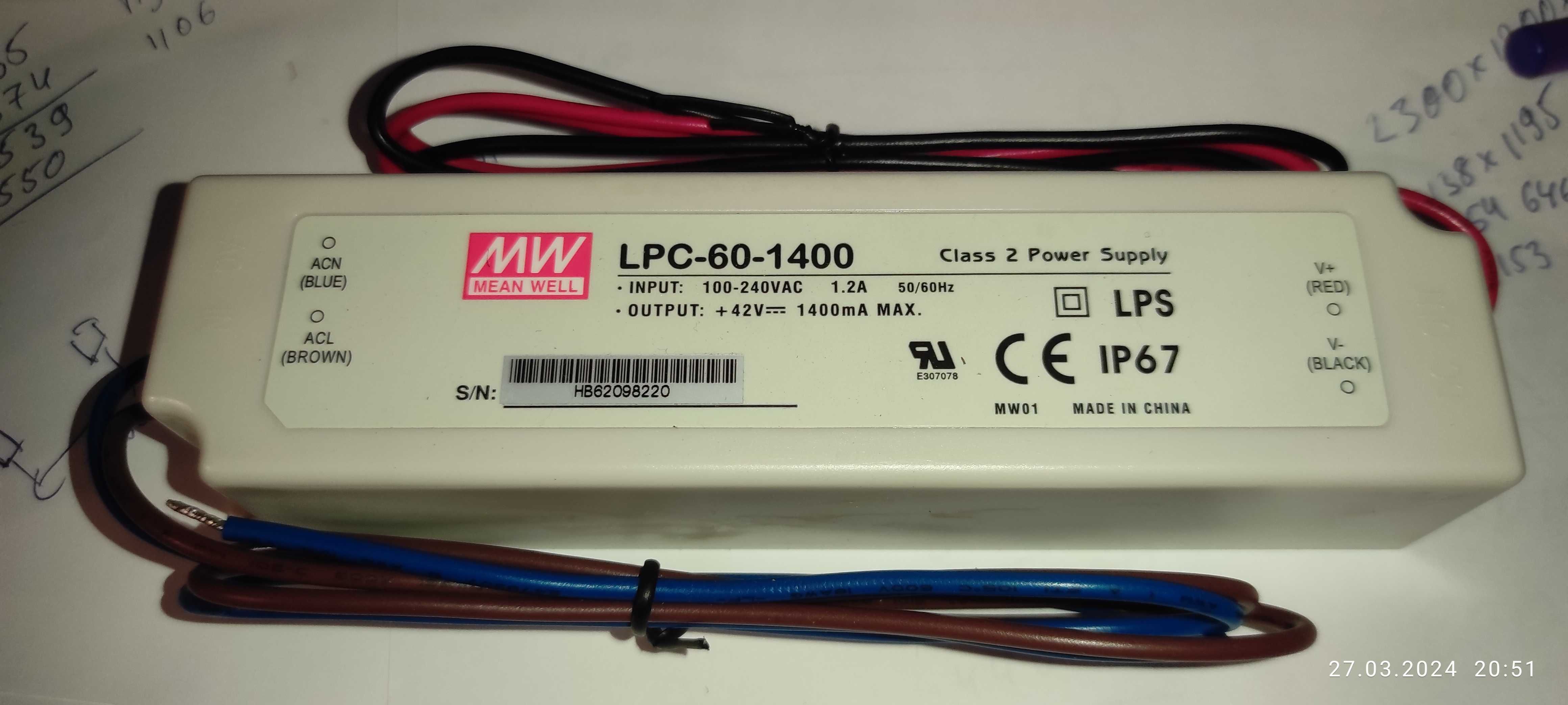 Блок живлення драйвер Mean Well 60W 9~42V 1400mA IP67 LPC-60-1400