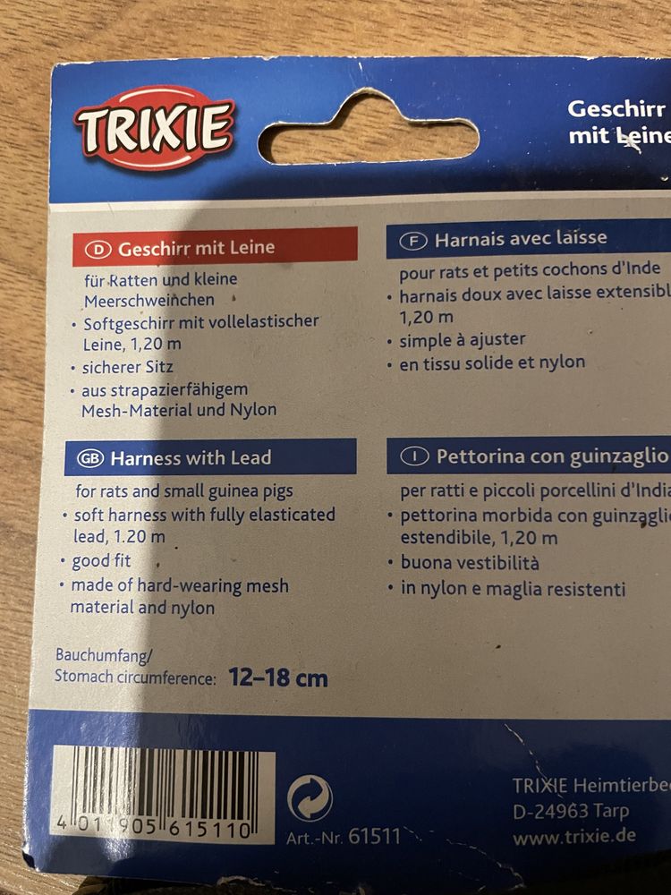 Szelki ze smyczą dla szczura firmy TRIXIE- nowe 12-18 cm