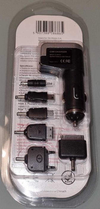 Ładowarka samochodowa z przejściówkami na mini USB, micro USB i inne