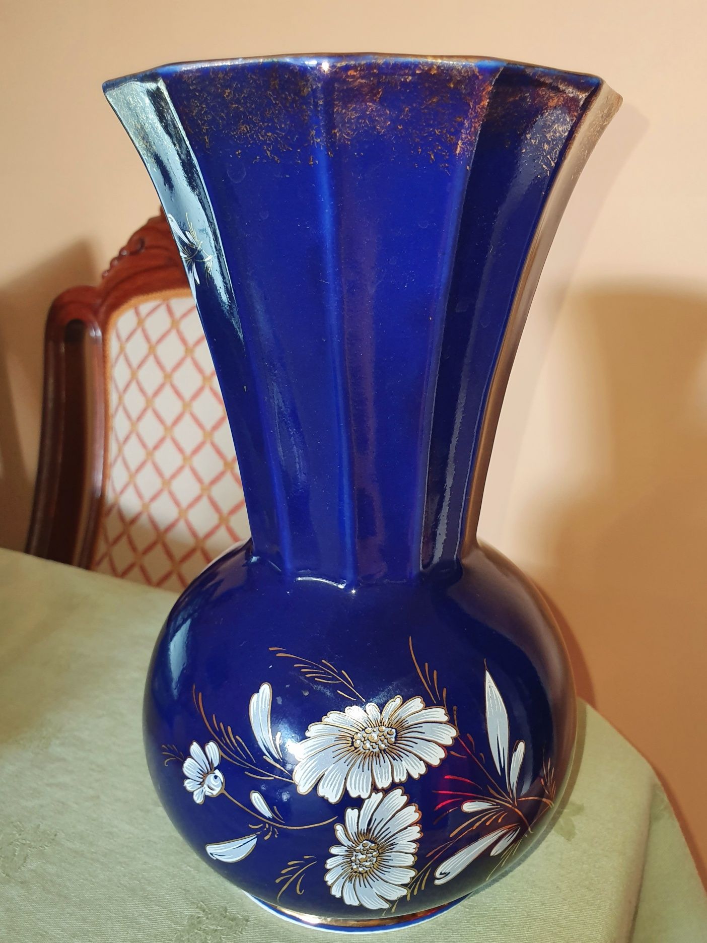 Piękny duży wazon porcelanowy granat + złoto