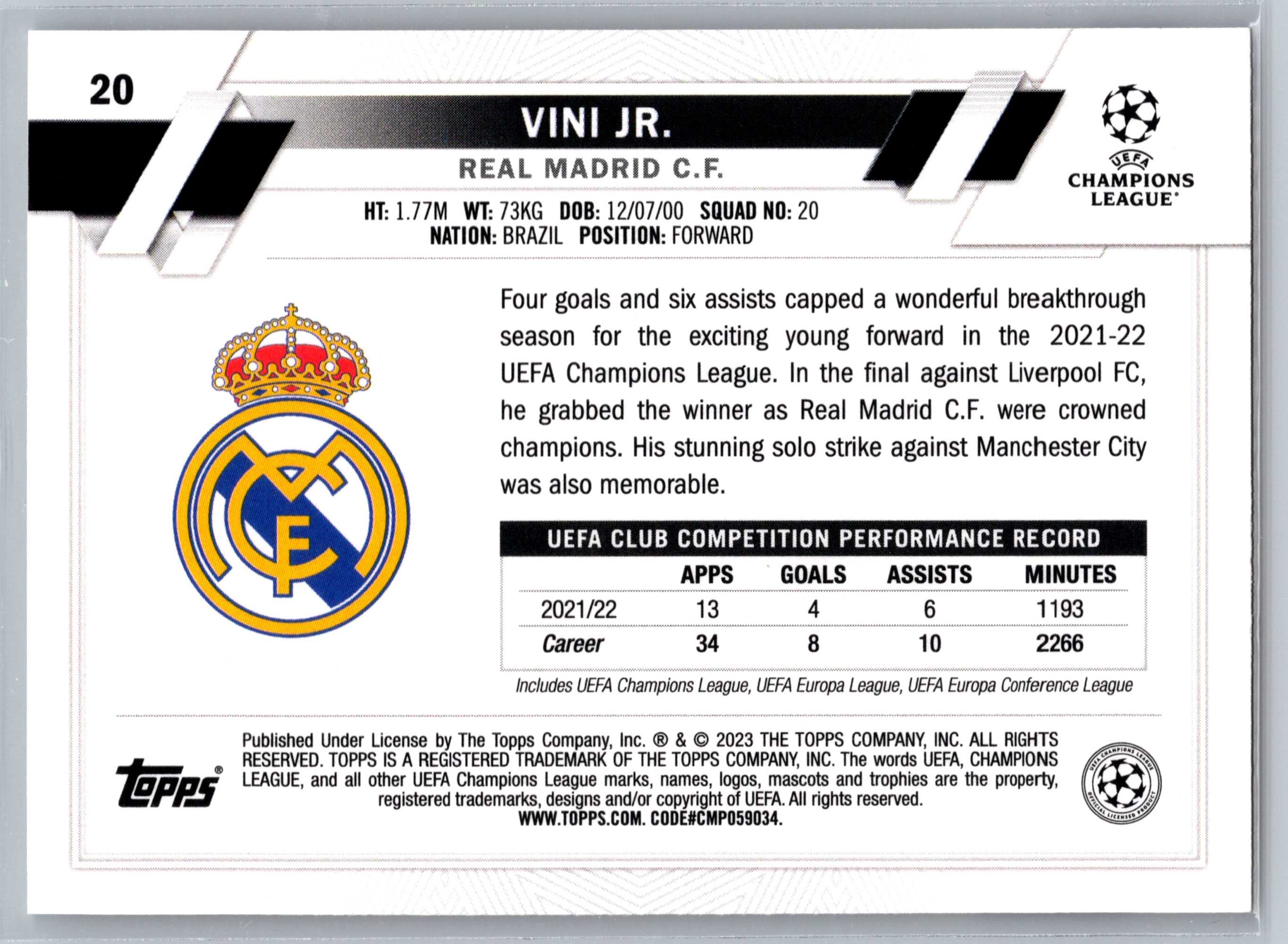 2022-23 Topps UEFA Club Competitions UCC Vini Jr Real Madryt