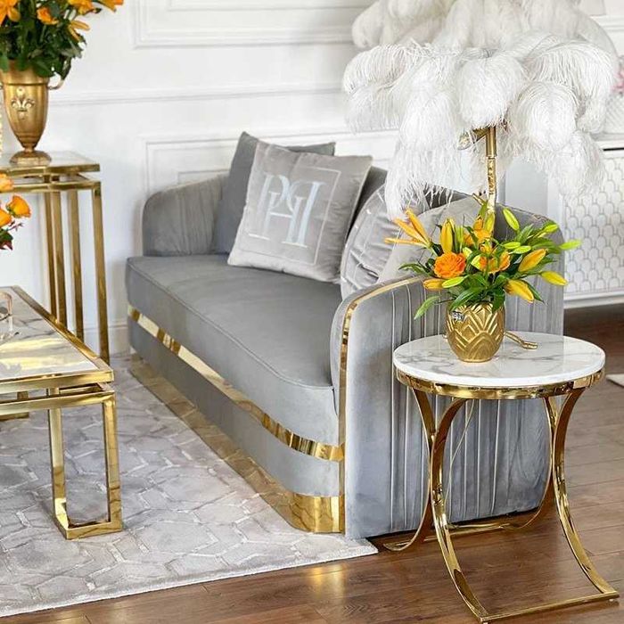 Sofa GLAMOUR MADONNA 210cm Szara Złota Kanapa WELWET OUTLET! -5500zł